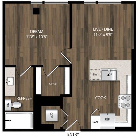 Floor plan for 1 bed, 1 bath, 557 sqft